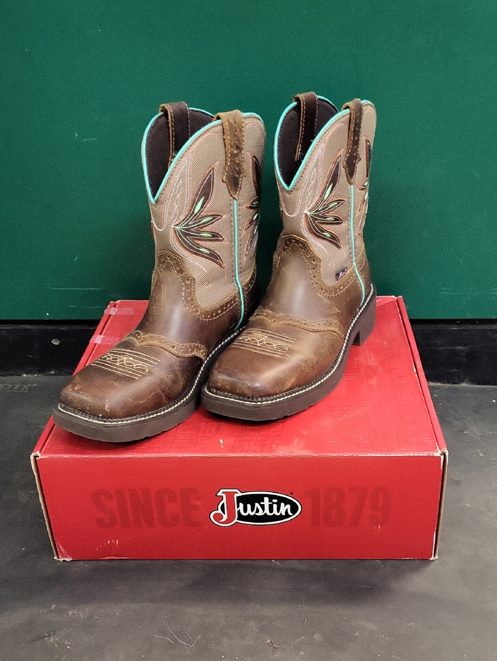 Justin Boots Brown Leather Western Work Boots with Turquoise Stitching